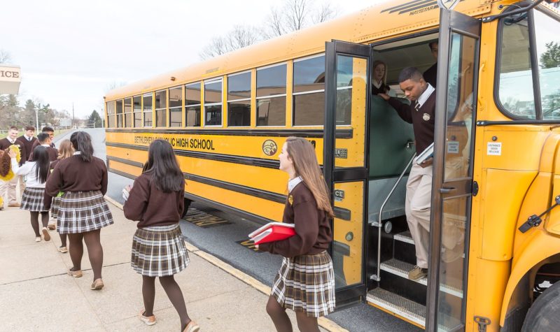 Bethlehem Catholic High School students getting off the bus in the morning for school