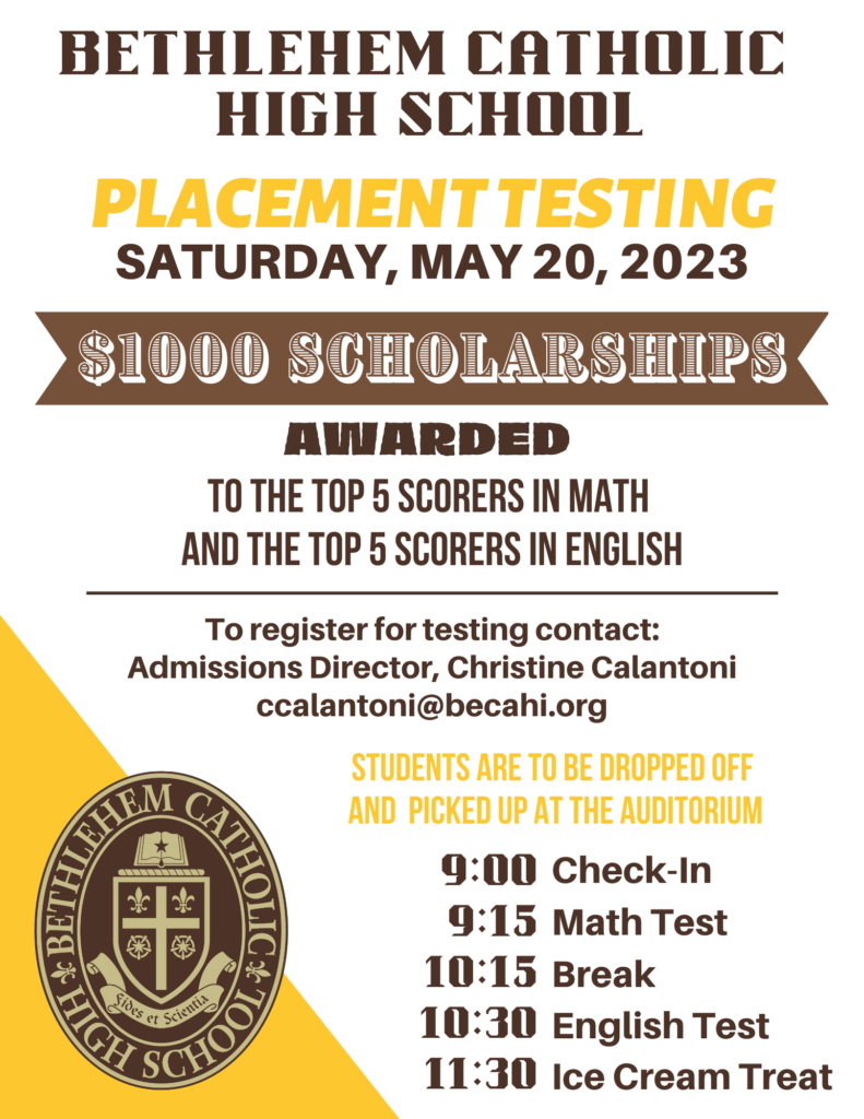 Plaement Test for Math and English, Saturday May 20, 2023 Check in at 9 am, Math 9:15; English 10:30, Ice Cream treat at 11:30