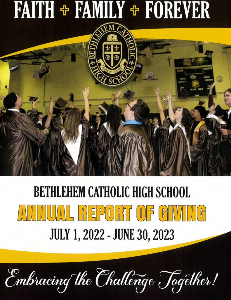 The graduating class of 2023 throwing their caps in the air with the words Bethlehem Catholic High School Annual Report of Giving July 1, 2022 - June 30, 2023