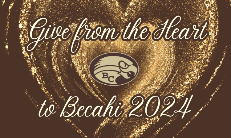Give from the Heart to Becahi 2024 on a brown background with a heart speckled stencil and the Golden Hawk logo in the center