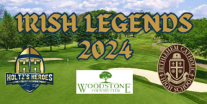 Irish Legends 2024 Updates button,, background is Woodstone Country Club, Holtz's Heroes logo (left), Woodstone Country Club logo (center), and Bethlehem Catholic Seal (right)l.