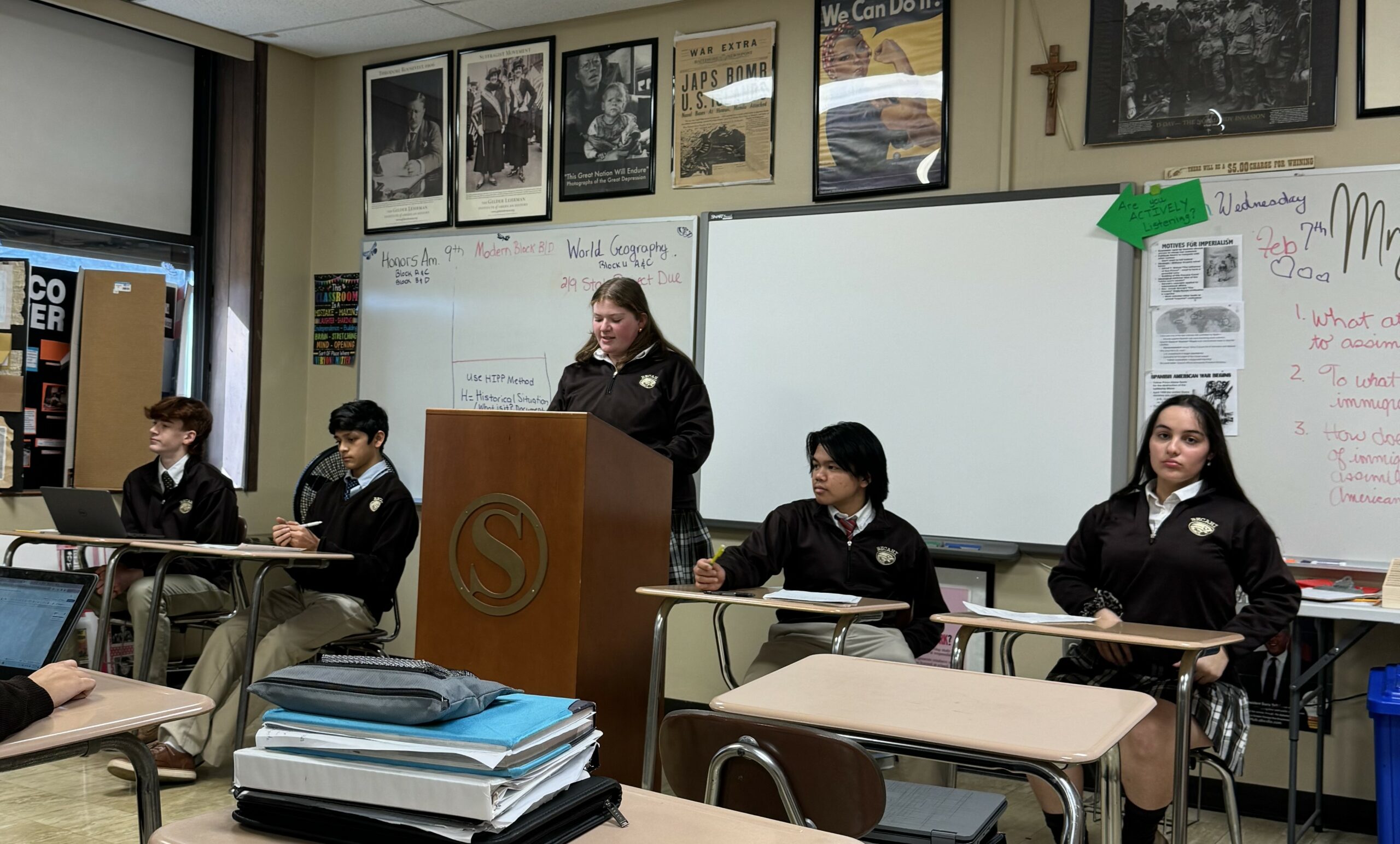 9th grade Bethlehem Catholic students holding a debate on imperialism in Mrs. Stofanak's honors American History class.