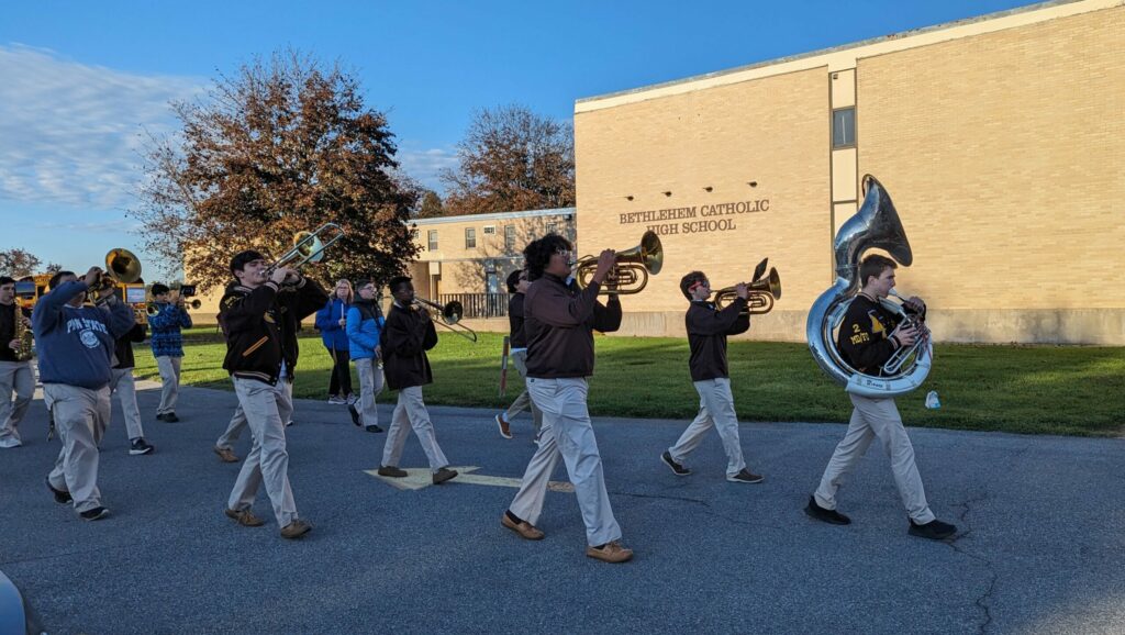 Bethlehem Catholic High School Marching Band practicing for a parade