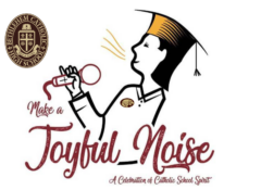 Make a Joyful Noise competition. Outline of a female in a cap and gown with a Microphone in her hand.
