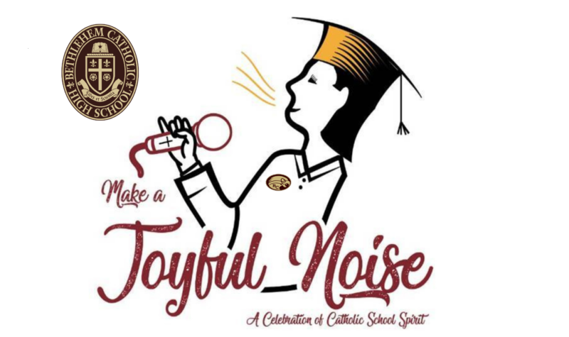 Make a Joyful Noise competition. Outline of a female in a cap and gown with a Microphone in her hand.