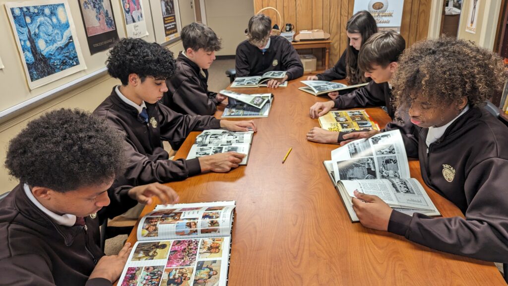 image of freshmen working on the Bethlehem Catholic Centennial Yearbook