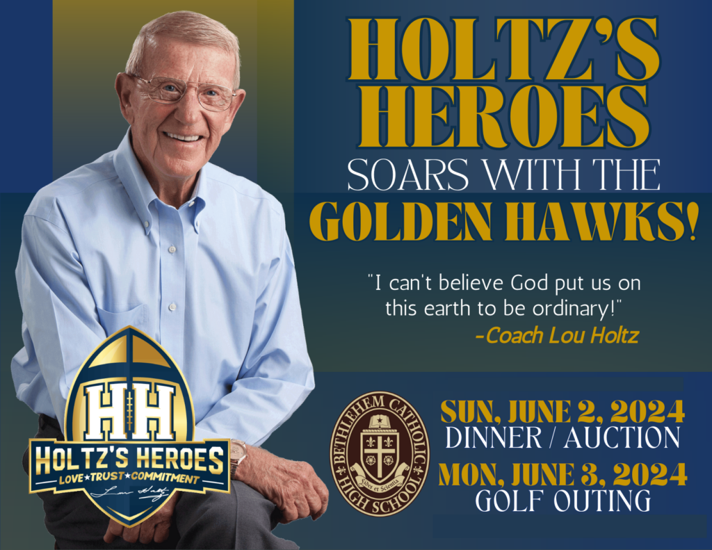 Image of Coach Lou on the left, with Holtz's Heroes Soars With the Golden Hawks Register Now for the Irish Legends on June 2 & 3. Golf, Dinner, and Auction.