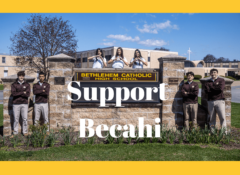 Students standing on either side and in front of the Bethlehem Catholic High School in the front of the school with the words Support Becah on the image, with a gold frame
