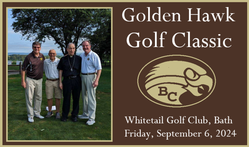 Image for the 2024 Golden Hawk Golf Classic, Friday, September 6, 2024pictured from left to right: Tom Vresics, Mike Grasso, Fr. Ezaki, and Dean Donaher